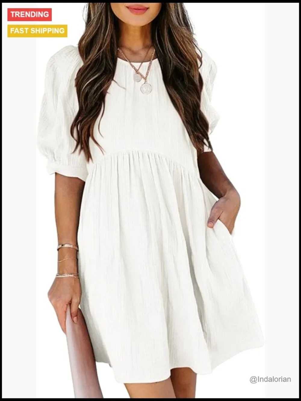 Summer Crewneck Puff Sleeve Babydoll Empire Waist Mini Swing Skater Dress with